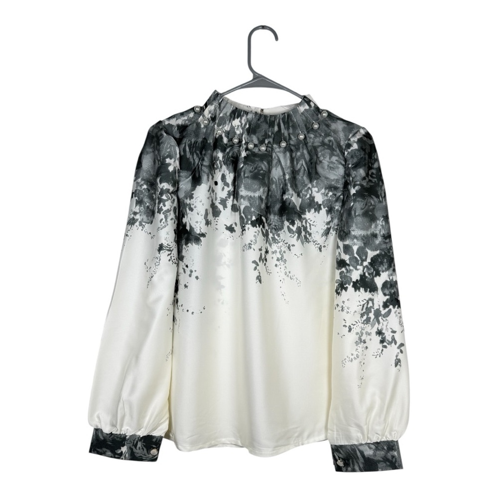NWT Women’s Satin Blouse XL White Black Floral Pearl Neck Long Sleeve Top